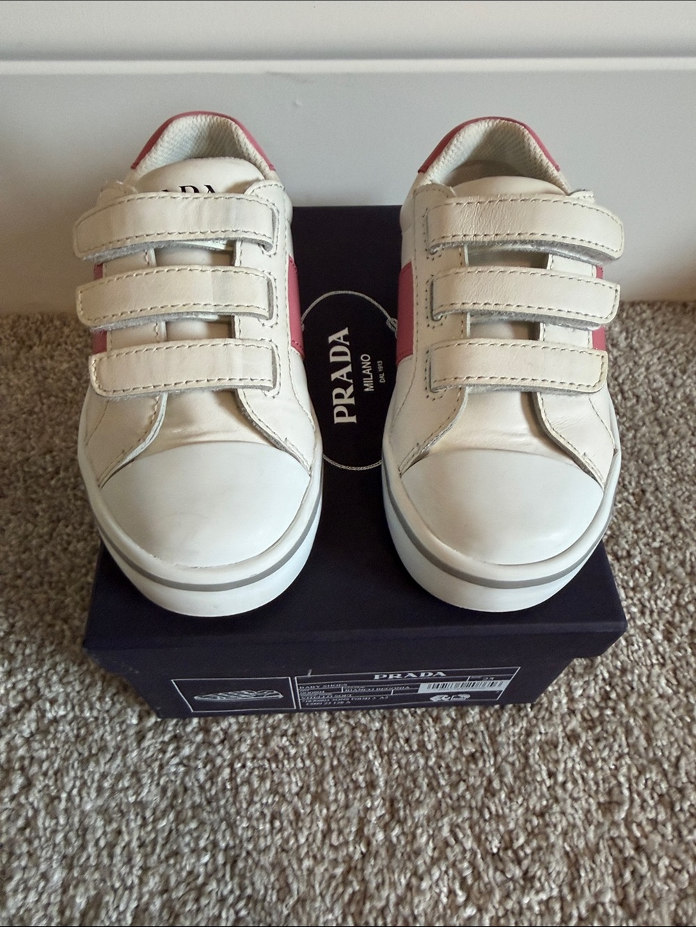 Prada Girls White and Pink Designer Classic Leather Sneakers Sz 8 100% Authentic